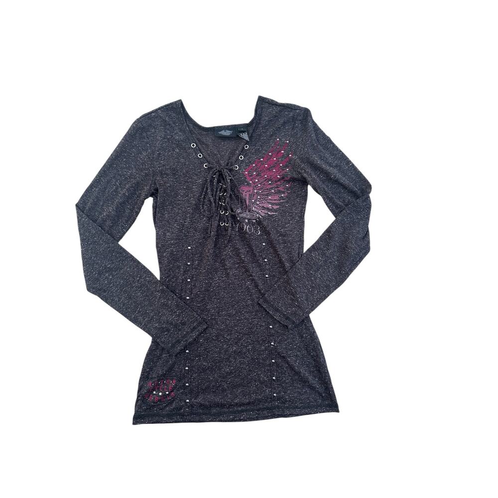 Harley Davidson S linen blend top grey long sleeve sheer comfort longsleeve sexy